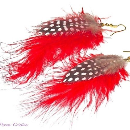 Boucles d'oreilles plumes de perdrix naturelles, plumes de marabout rouge