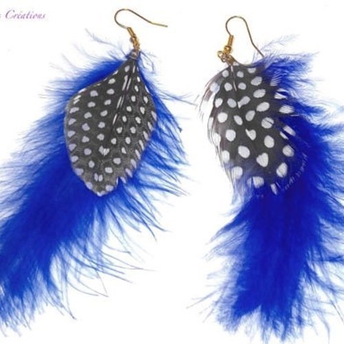 Boucles d'oreilles plumes de perdrix naturelles, plumes de marabout bleu
