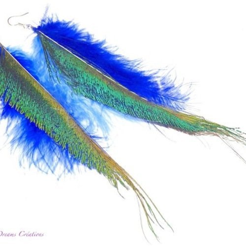 Boucles d'oreilles plumes de paon naturelles, plumes de marabout bleu clair et bleu vif