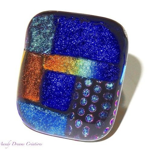 Bague verre dichroïque multicolore  et bleu ,géométrique, fait main,pièce unique