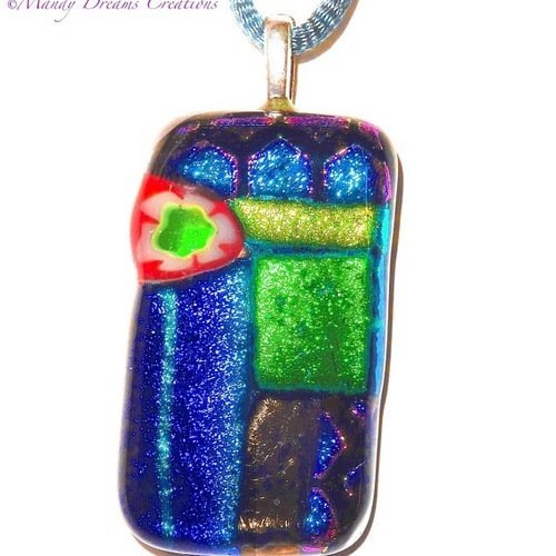 Collier lumineux, pendentif rectangulaire multicolore, en verre dichroïque et millefiori, fait main,pièce unique