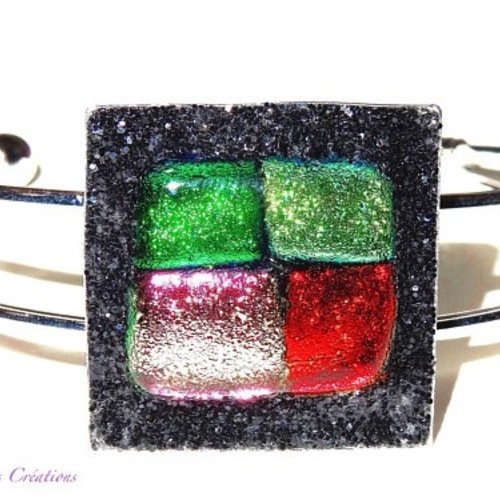 Bracelet lumineux cabochon en verre dichroïque multicolore (rouge,vert,rose),géométrique,fait main,pièce unique,base argenté rigide