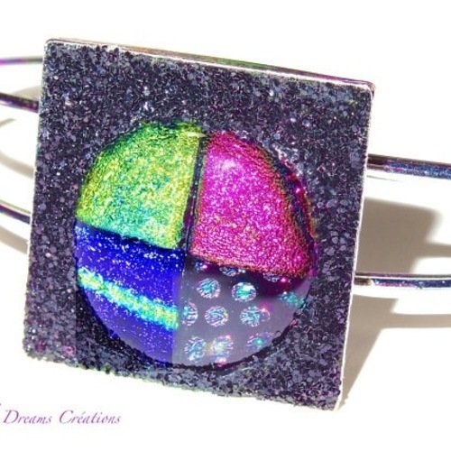Bracelet lumineux cabochon en verre dichroïque multicolore,rose,jaune, vert clair,bleu,fait main,pièce unique,base argenté rigide