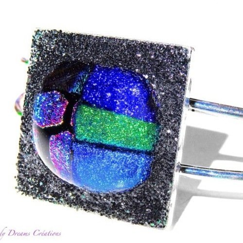 Bracelet lumineux cabochon en verre dichroïque multicolore ,bleu,turquoise,vert