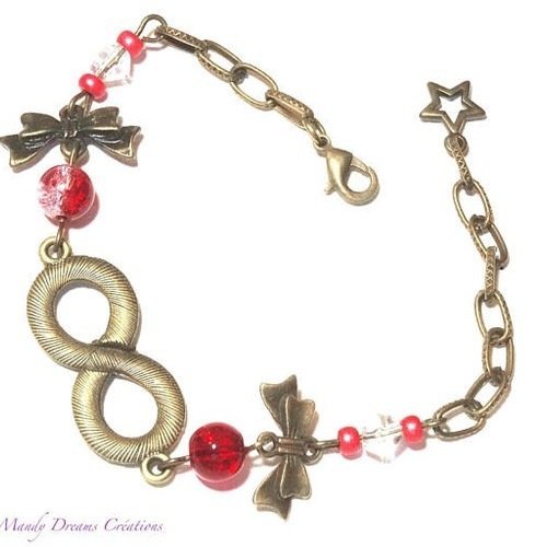 Bracelet bronze symbole infini ciselé,perles verre craquelées,noeuds et étoiles couleur bronze