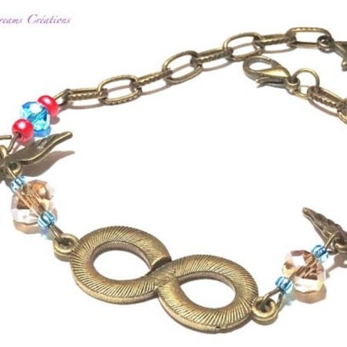 Bracelet bronze symbole infini ciselé,perles verre craquelées,hirondelles et étoiles couleur bronze
