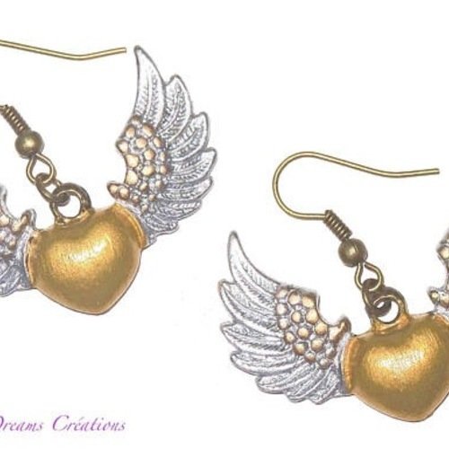 Boucles d'oreilles coeur d'ange doré et argenté, décorées main