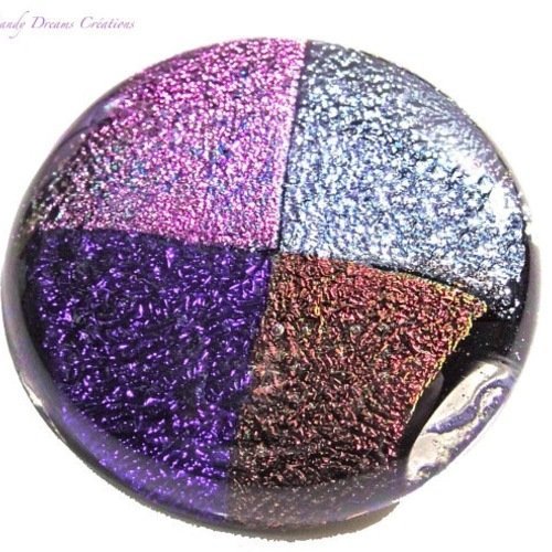 Broche  ronde fusing en verre dichroïque brillant  violet,rose, argent, brun vif  , fait main,pièce unique