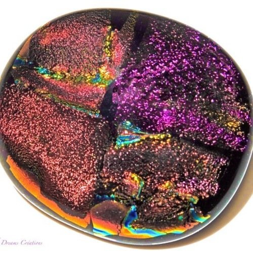 Broche fusing en verre dichroïque brillant rouge, orange,violet prune  , fait main,pièce unique