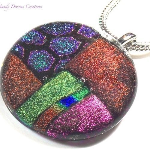 Collier fusing moderne ovale,  lumineux, pendentif multicolore en verre dichroïque fait main,pièce