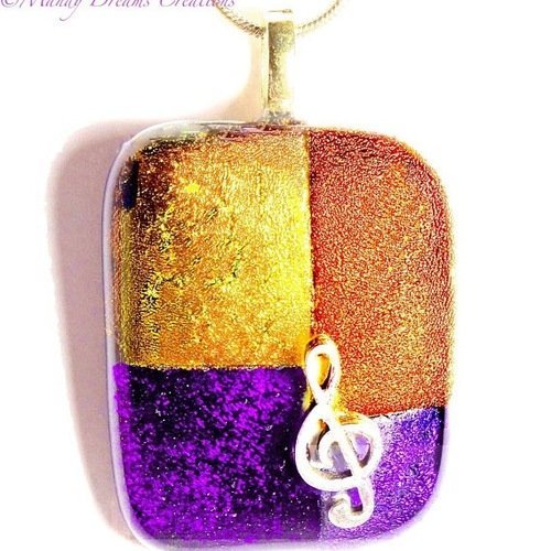 Collier lumineux, pendentif  pétillant en fusing violet, orange, jaune  doré, en verre dichroïque, fait main,pièce unique