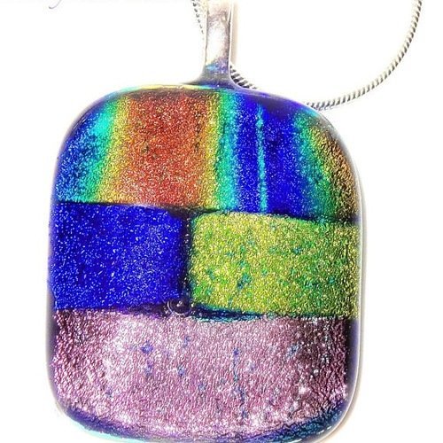 Collier lumineux, pendentif  pétillant  en fusing multicolore, arc-en-ciel, en verre dichroïque, fait main,pièce unique