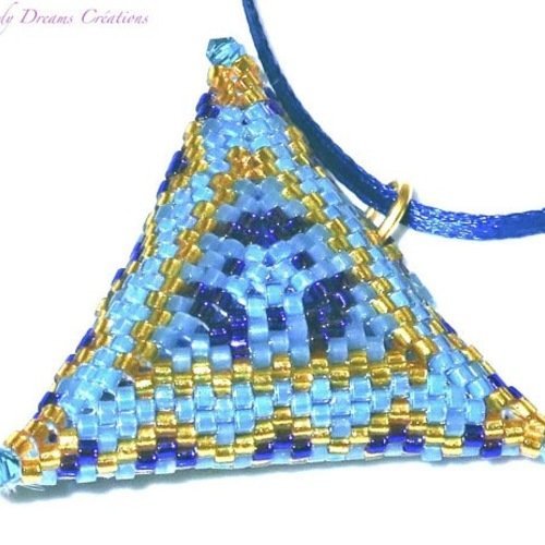 Collier court triangle en volume bleu, doré,en delicas miyuki
