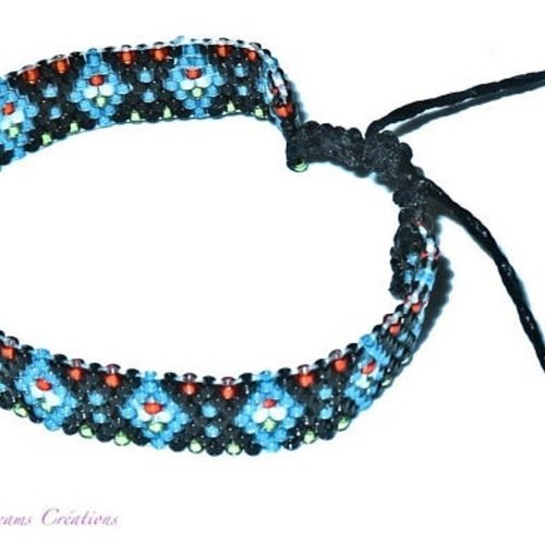 Bracelet unisexe brésilien graphique  brillant bleu, noir, en perles  tissées, avec des  delica miyuki nacrés  et  brillants