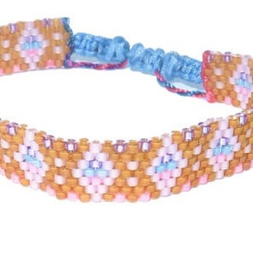 Bracelet brésilien graphique  brillant brun, bleu;rose pâle, en perles  tissées, avec des  delica miyuki nacrés 