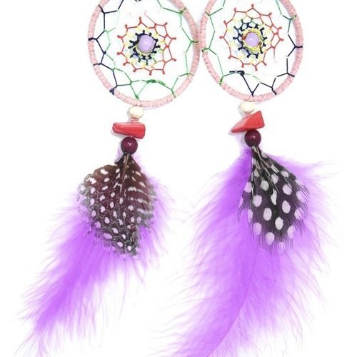 Boucles d'oreilles attrapes-rêves multicolore et  lilas , plumes lilas et plumes de perdrix naturelles