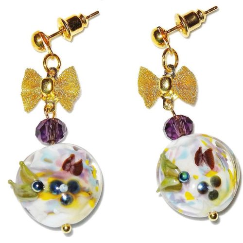 Boucles d'oreilles printemps avec perles d'art filées au chalumeau,facettes violettes