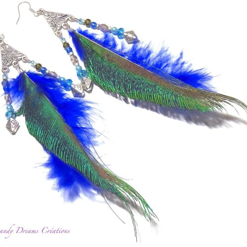 Boucles d'oreilles cascade de perles, plumes de paon naturelles, plumes de marabout bleu vif