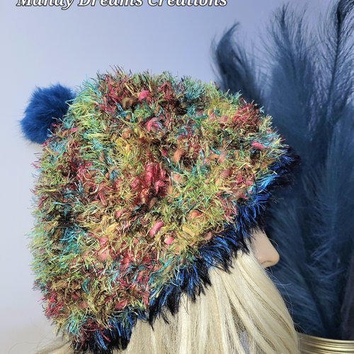 Bonnet  bohème doux  multicolore et bleu ,pétillant  , au crochet