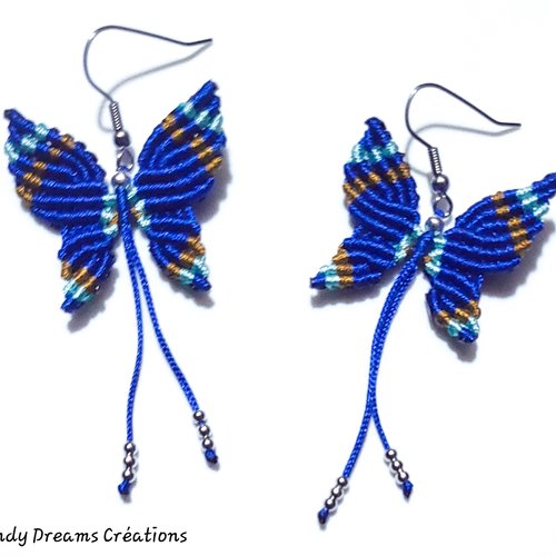 Boucles d'oreilles  papillons en micro macramé bleu roy
