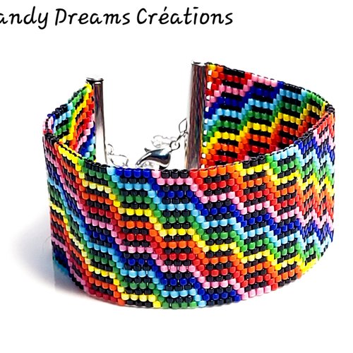 Bracelet manchette multicolore graphique, abstrait ,tissé main avec des delica miyuki