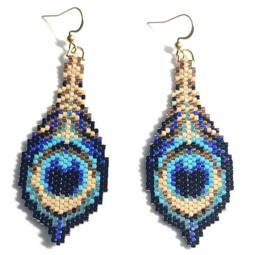 Boucles d'oreilles plumes de paon tissées en délicas miyuki