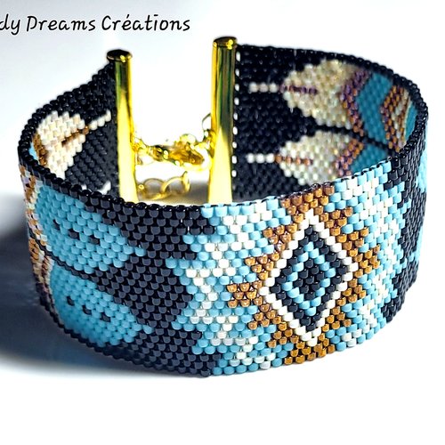 Bracelet manchette bleu, noir, cuivré amérindien ,tissé main avec des délicas miyuki