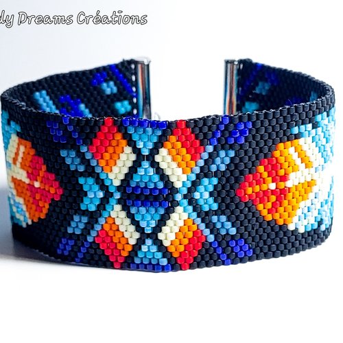 Bracelet manchette plumes multicolores amérindien ,tissé main avec des délicas miyuki