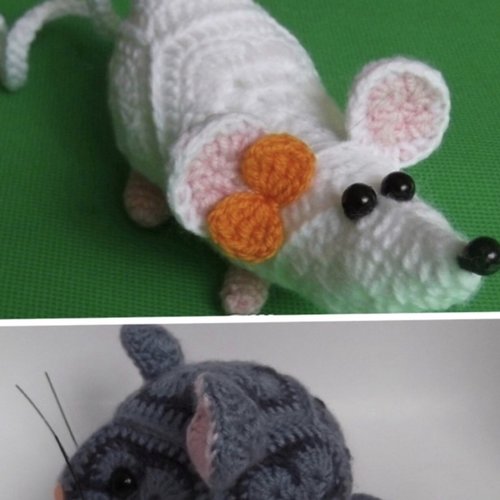 Offre spéciale : modèles 2 petits peluches  souris  et rat au crochet ( fleurs africaines).format pdf.