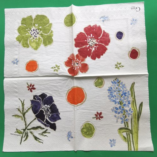 Serviette papier/napkin: faïencerie gien france "jacinthe", jacinthe, anémone, fleurs colorées