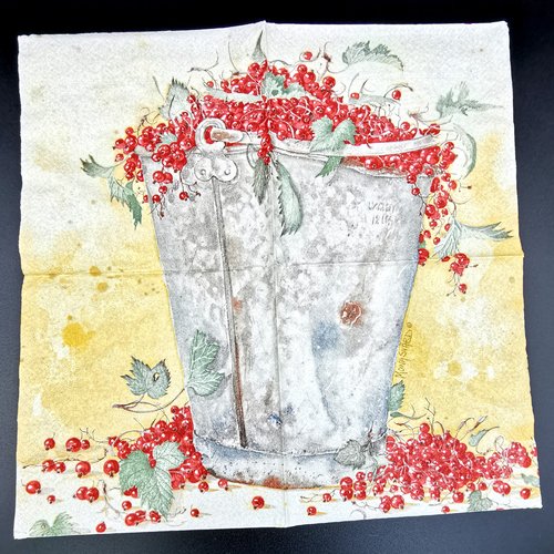 Serviette papier/napkin "mona svärd, röda vinbär", seau de groseilles, feuilles