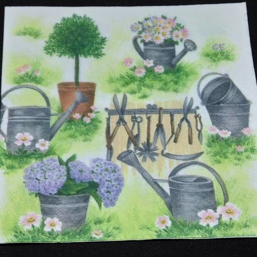 Serviette papier/napkin "outils du jardinier, arrosoir, seau, cisaille, hortensia"