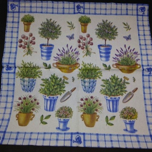 Serviette papier/napkin  "outils du jardinier, plantoir, arrosoir, plantes en pots"