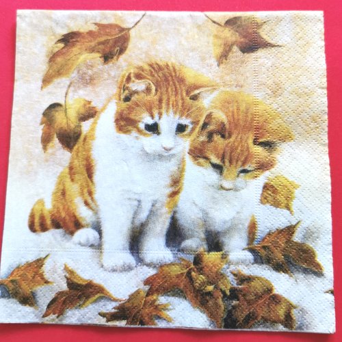 Serviette papier/napkin : "chatons blanc et roux dans les feuilles d'automne"