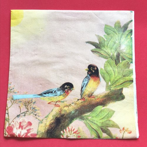 Serviette papier/napkin: "oiseaux, moineaux dans l'arbre, feuilles et fleurs"