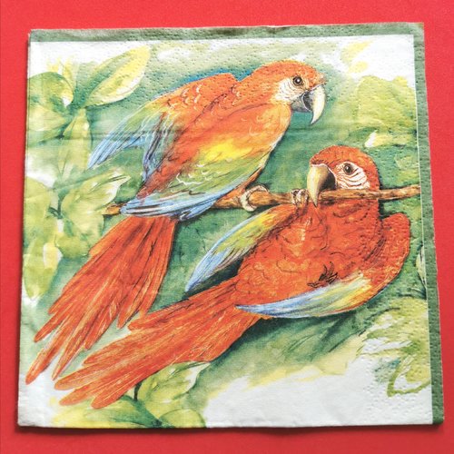 Serviette papier/napkin:  "perroquets orange, jaune, vert et bleu sur la branche, feuilles"