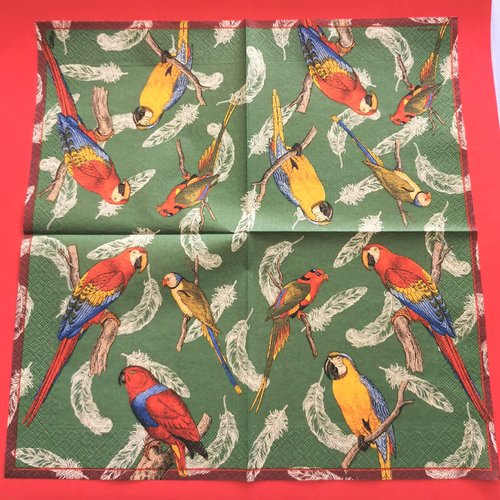 Serviette papier/napkin: "perroquets aras, rouge, jaune, bleu,vert"