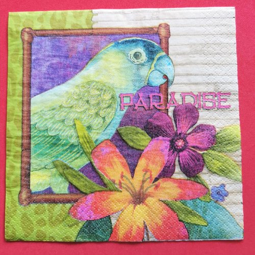 Serviette papier/napkin:  "perroquet vert, fleurs d’hibiscus, paradise"