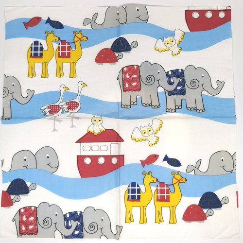 Serviette papier/napkin : "bateau, baleines, chameaux, tortues, hiboux, éléphants, oies"