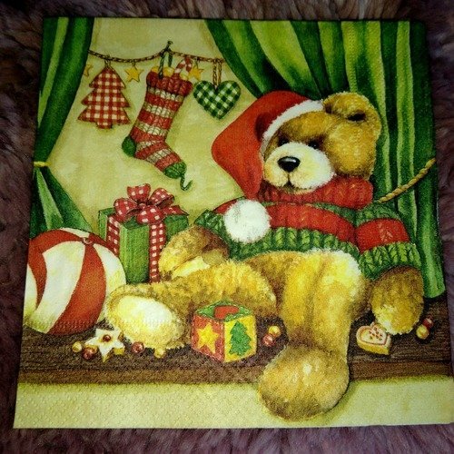 Serviette papier/napkin  "noël, l'ours teddy et les jouets"