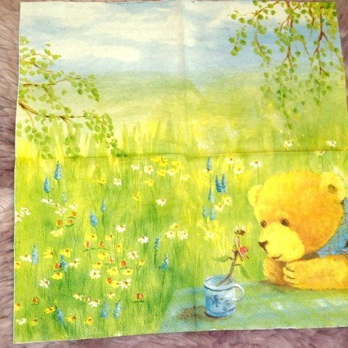 Serviette papier/napkin  "ours teddy, pré, fleur"
