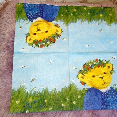 Serviette papier/napkin  "ours teddy, couronne de fleurs, abeille"