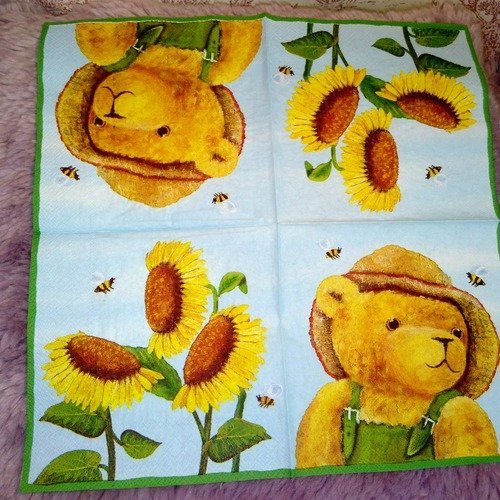 Serviette papier "ours teddy, tournesol, abeille"