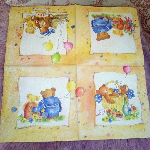 Serviette papier/napkin  "ours teddy, anniversaire, gâteau, ballon"