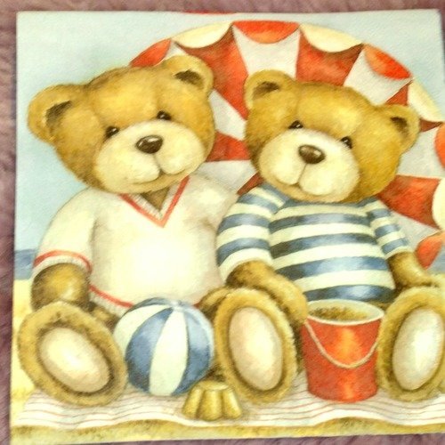 Serviette papier/napkin  "ours teddy, mer, plage, parasol, ballon, seau"