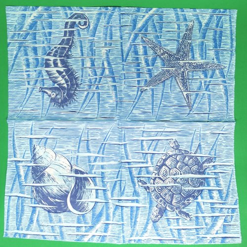 Serviette papier/napkin "tortues d'eau, hippocampe, étoile de mer, bulot"