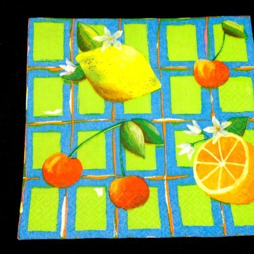 Serviette papier/napkin  fruit "citron, orange, cerises" 
