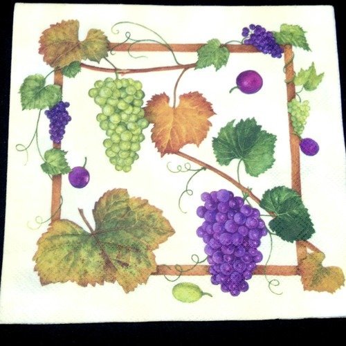 Serviette papier/napkin  "grappes de raisin blanc, noir et feuilles" 