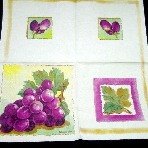 Serviette papier/napkin  "grappes de raisin noir et feuilles" 