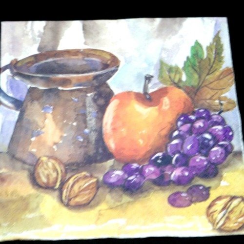 Serviette papier/napkin  fruit "pomme, raisin,noix, pot à eau" 